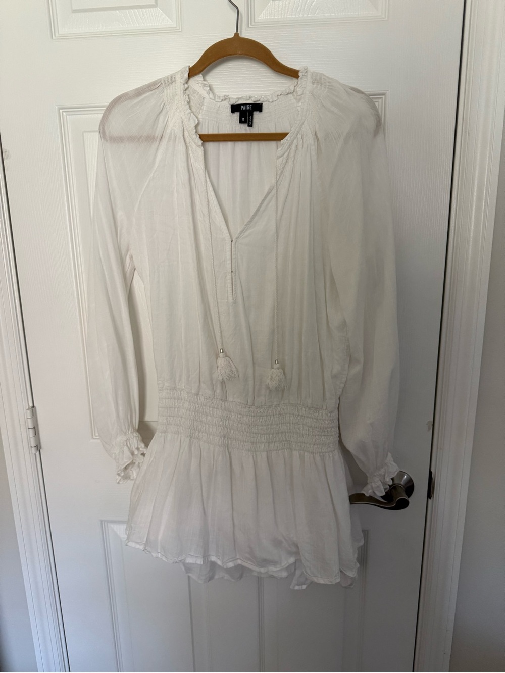 PAIGE Lamay Split Neck Long Sleeve Blousen Dress White Size M Tassel Ruffle EUC